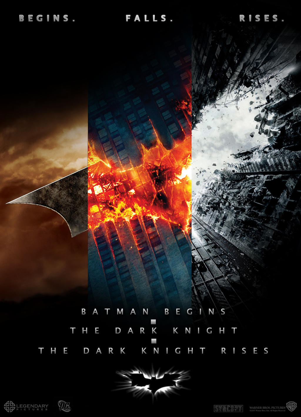 Movie poster for the Christopher Nolan Batman trilogy featuring Christian Bale as Batman.